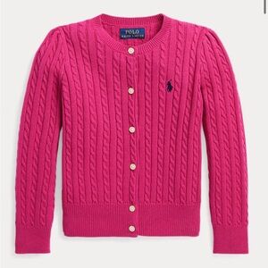 Polo Ralph Lauren Girls Bright Pink Cable Knit Cardigan Blue Pony Large 12-14